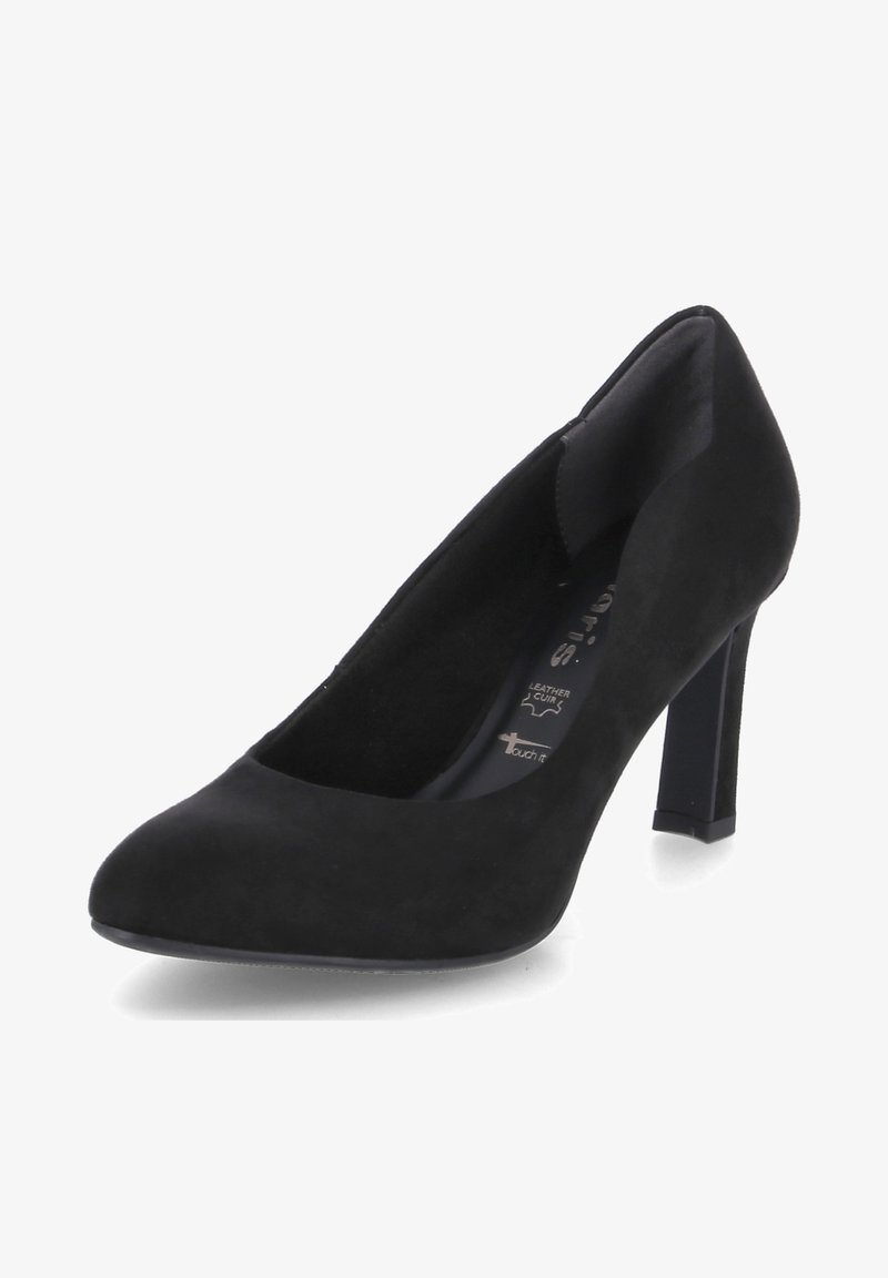 Chaussure à talons hauts en daim noir avec bout pointu et arrière fermé, avec un talon fin et robuste et une semelle intérieure en cuir.