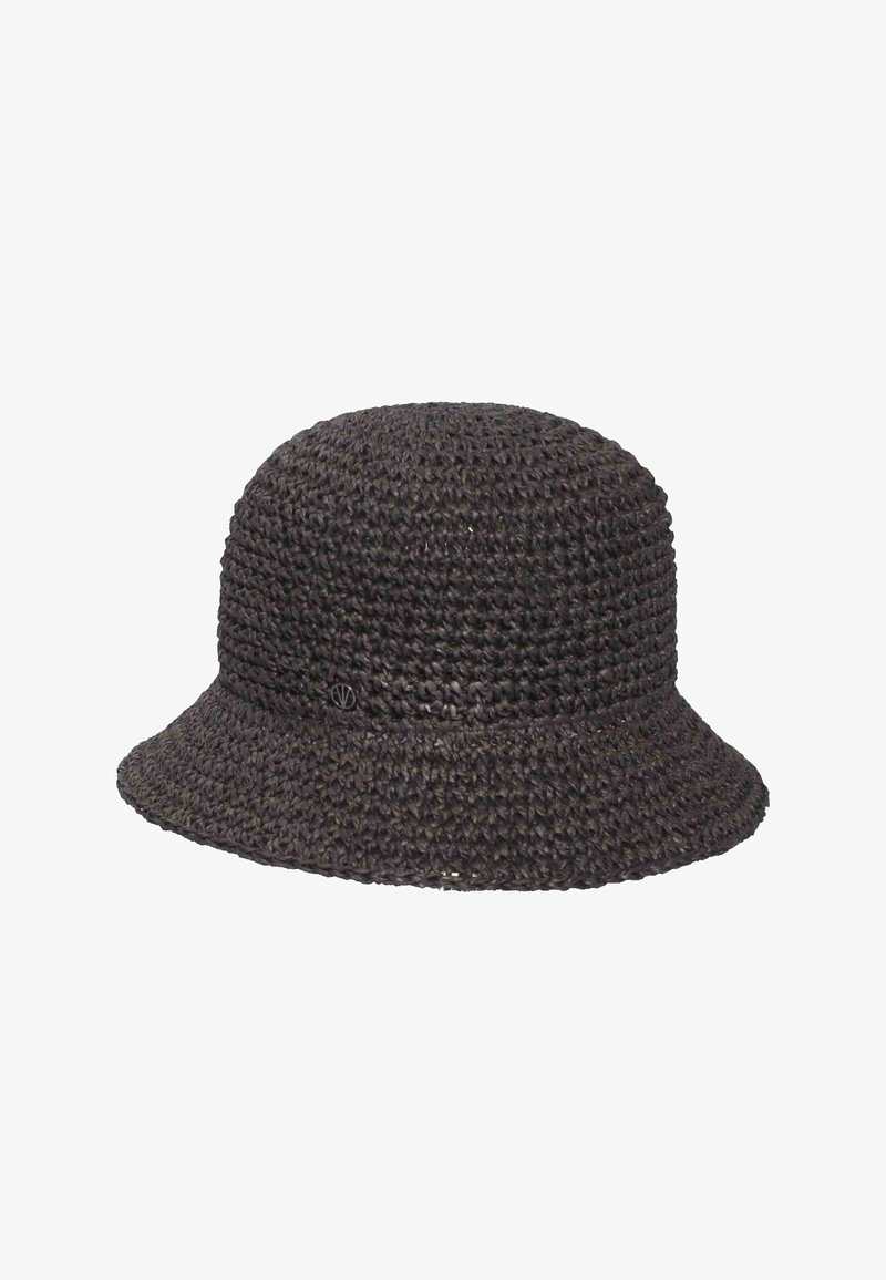 Chapeau seau crocheté marron foncé avec un bord court, légèrement évasé et un motif texturé tissé.
