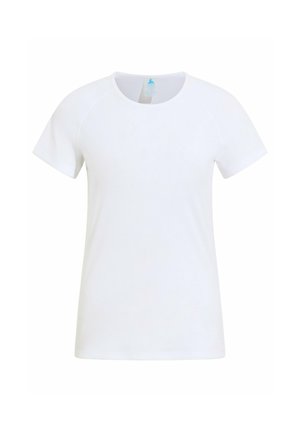 T-shirt blanc à manches courtes et col rond avec une texture subtile, présenté sur un fond blanc uni.