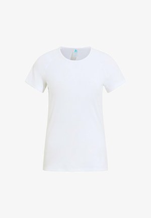 T-shirt blanc à manches courtes et col rond avec une texture subtile, présenté sur un fond blanc uni.