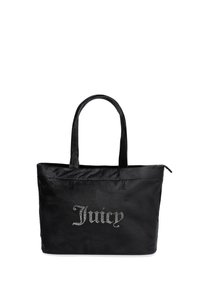 Svart tote-väska i satintyg, med dragkedjestängning och två handtag. "Juicy" är utskrivet med rhinestones på framsidan.