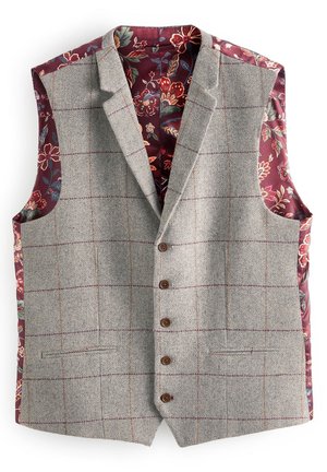 Gilet gris à carreaux avec boutons marron et doublure intérieure florale bordeaux visible sur les côtés et à l'intérieur.