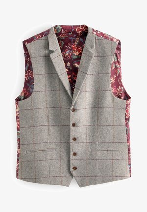 Gilet gris à carreaux avec boutons marron et doublure intérieure florale bordeaux visible sur les côtés et à l'intérieur.