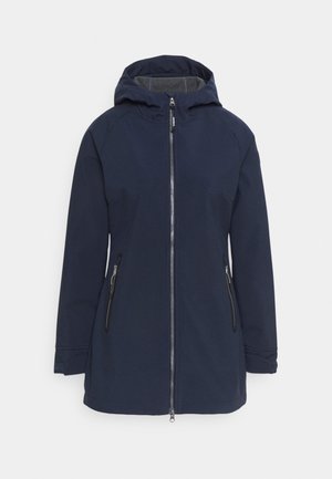 Marineblauwe capuchonjack met voorrits en met rits afsluitbare zijzakken, lange mouwen en verstelbare polsbanden.