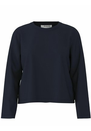 Sweatshirt a maniche lunghe blu navy con scollatura rotonda, realizzato in tessuto morbido, caratterizzato da una vestibilità ampia e un design minimalista.