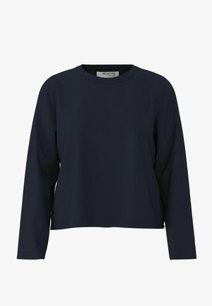 Sweat-shirt à manches longues bleu marine avec un col rond, fabriqué à partir d'un tissu doux, présentant une coupe décontractée et un minimum de détails.