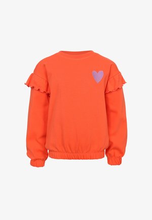 Oranje sweatshirt met ruches aan de mouwen en een paarse hartapplicatie op de borst. Heeft een ronde halslijn en elastische boorden en zoom.