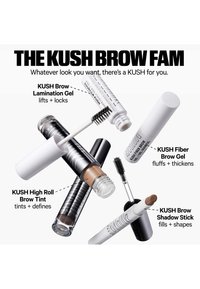 Four KUSH eyebrow products displayed with applicators, labeled by function: lamination gel, fiber gel, high roll tint, and shadow stick.