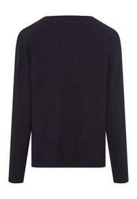 Schwarzer Pullover mit langen Ärmeln, gerippter Textur, Rundhalsausschnitt und genähten Details. Schlichte und unauffällige Rückansicht.