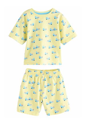 Yellow cotton pajama set featuring short-sleeved top and shorts, decorated with blue ice cream trucks and cones. Elastic waistband on shorts.