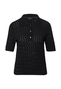 Zwarte polo met korte mouwen, voorzien van een zigzagpatroon, een drie-knopen kiel en een effen zwarte kraag. Gemaakt van textuurstof.
