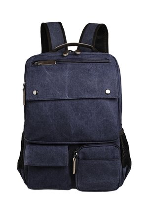 Marineblaue Canvas-Rucksack mit mehreren Reißverschlusstaschen, glatter Oberfläche, verstellbaren gepolsterten Riemen und einem oberen Griff für einfacheres Tragen.