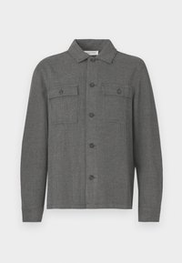 Sacou gri în carouri, cu guler, închidere frontală cu nasturi și două buzunare la piept. Confecționat dintr-un material texturat, are mâneci lungi și croială dreaptă.