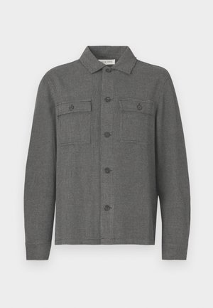 Grijze geruite jas met kraag, sluiting aan de voorkant met knopen en twee borstzakken. Gemaakt van textuurstof, met lange mouwen en een rechte pasvorm.