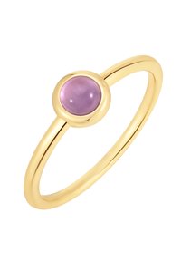 Gold ring featuring a smooth, round lavender stone set in a polished bezel. The band is slender and smooth, exhibiting a reflective finish.