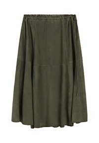 Olivengrøn nederdel lavet af blødt, suede-lignende materiale med elastisk talje og snoretræk, med en svajet design og knælang længde.