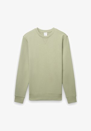 Light green sweatshirt made of soft fabric, featuring a crew neck, long sleeves, ribbed cuffs, and a v-stitch detail at the neckline.