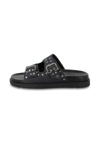 Dark blue denim slide sandals with dual buckle straps, silver studs, and a textured black rubber sole. Open-toe design with cutouts.