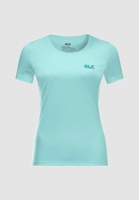 Ljusblå kvinnors kortärmad träningst-shirt med rund halsringning och liten Jack Wolfskin-logotyp på vänster bröst.