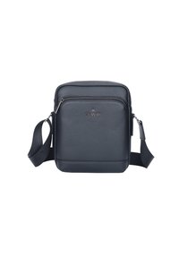 Borsa a tracolla nera in pelle con finitura testurizzata, parte superiore con zip, tasca frontale e tracolla regolabile. Design quadrato minimalista.