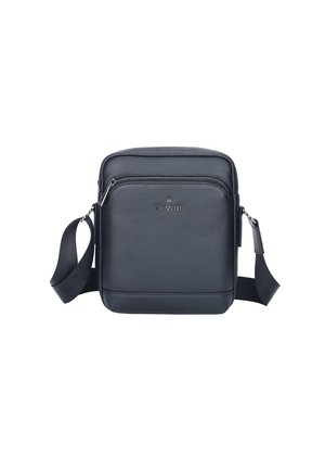 Sac à bandoulière en cuir noir avec une finition texturée, fermeture éclair sur le dessus, poche avant et une sangle ajustable. Design carré minimaliste.