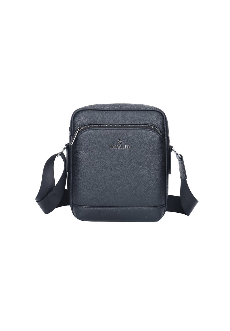 Borsa a tracolla nera in pelle con finitura testurizzata, parte superiore con zip, tasca frontale e tracolla regolabile. Design quadrato minimalista.
