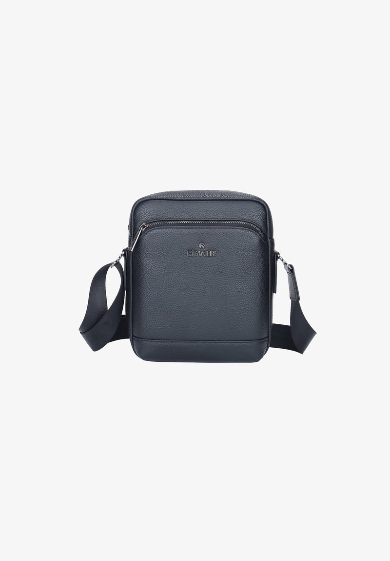 Borsa a tracolla nera in pelle con finitura testurizzata, parte superiore con zip, tasca frontale e tracolla regolabile. Design quadrato minimalista.