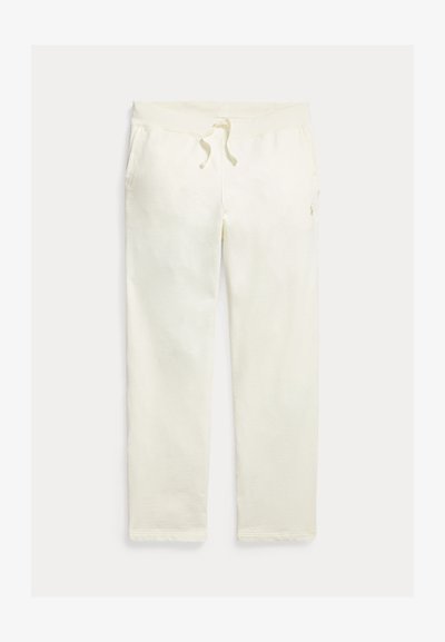 Valgevalged vabaajapüksid kinnitusnööriga vöökohal ja küljetaskutega, kujutatud lamedalt heledal taustal.