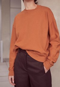Burnt orange sweatshirt with a relaxed fit, crew neck, and dropped shoulders, paired with dark brown high-waisted pants. Soft fabric texture.