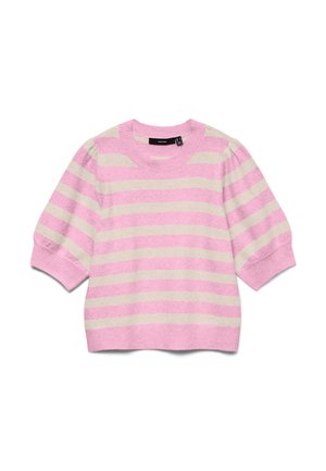 Trui met korte mouwen van gebreide stof met roze en beige horizontale strepen, ronde halslijn en geribbelde manchetten en zoom.