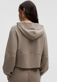 Hanorac scurt de culoare maro, dintr-un material texturat, cu glugă dotată cu șnur și un logo brodat pe spate. Design minimalist.