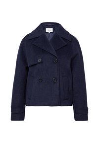 Marineblaue Wollmischung-Peacoat mit doppelter Knopfleiste, breiten Revers und seitlichen Taschen. Strukturierter Stoff und verkürztes Design.