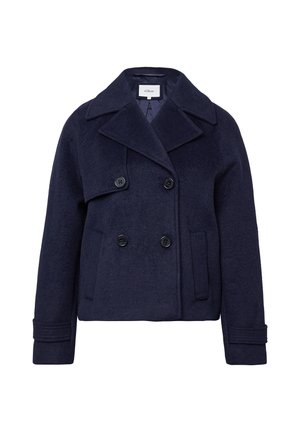 Marineblaue Wollmischung-Peacoat mit doppelter Knopfleiste, breiten Revers und seitlichen Taschen. Strukturierter Stoff und verkürztes Design.