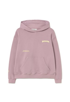 Sudadera con capucha lila con bolsillo delantero, logo "Brownie" en el pecho y texto pequeño que dice "Inspired lifestyle Not Just Aesthetics" en el frente.