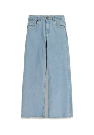 Jasnoniebieskie jeansy o szerokich nogawkach z wysokim stanem, zapięciem na guziki z przodu, zamkiem błyskawicznym, pięcioma kieszeniami i postrzępionymi brzegami.