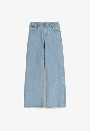 Jasnoniebieskie jeansy o szerokich nogawkach z wysokim stanem, zapięciem na guziki z przodu, zamkiem błyskawicznym, pięcioma kieszeniami i postrzępionymi brzegami.