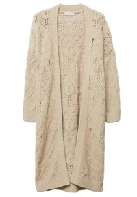 Beżowy dzianinowy kardigan z otwartym przodem, ozdobiony teksturowanym geometrycznym wzorem, z długimi rękawami i ściągaczami na mankietach.
