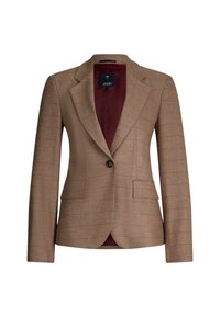 Blazer a quadri marrone con un solo bottone, rever a punte e due tasche anteriori. Foderato in tessuto bordeaux, presenta una vestibilità sartoriale e spalle strutturate.