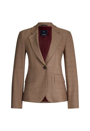 Blazer a quadri marrone con un solo bottone, rever a punte e due tasche anteriori. Foderato in tessuto bordeaux, presenta una vestibilità sartoriale e spalle strutturate.