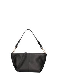 Zwarte leren handtas met een gestructureerde afwerking, voorzien van een kortere strap en een afneembare crossbody strap met gouden hardware accenten.