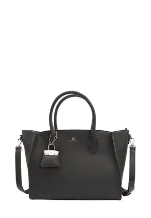 Borsa a mano in pelle nera con doppi manici, tracolla removibile, superficie testurizzata e piccolo charm a forma di lucchetto decorativo.