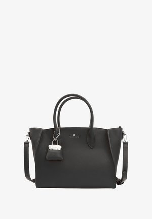 Sac à main en cuir noir avec deux poignées, une bandoulière amovible, une surface texturée et un petit charm décoratif en forme de verrou.