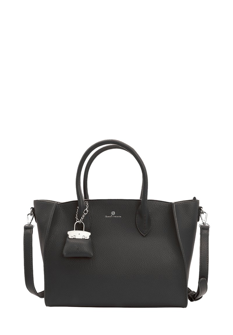 Czarna skórzana torba na ramię z podwójnymi uchwytami, odczepianym paskiem na ramię, teksturowaną powierzchnią i małym dekoracyjnym zamkiem w formie charmsa.