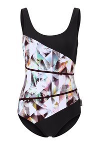 Maillot de bain noir avec un motif géométrique en blanc et des accents colorés. Il présente un col rond et une texture lisse, avec des éléments de design contrastés.