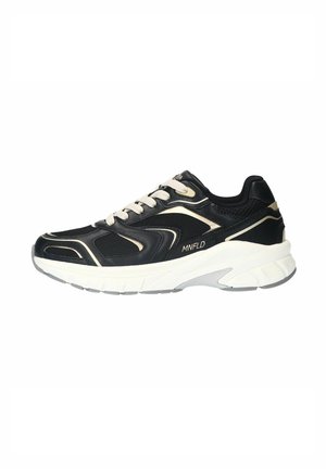 Black athletic shoe with a mesh upper, featuring white accents, a cushioned sole, and cream laces. Curved design with subtle branding details.
