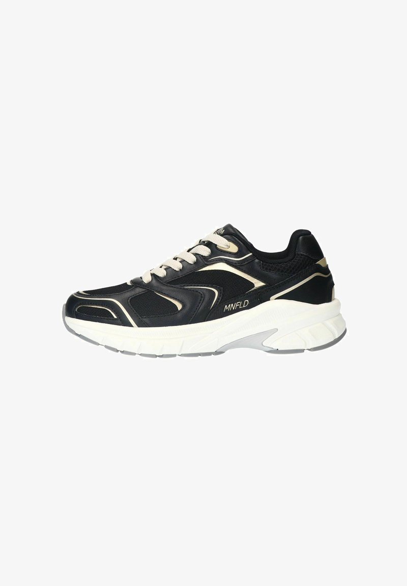 Black athletic shoe with a mesh upper, featuring white accents, a cushioned sole, and cream laces. Curved design with subtle branding details.