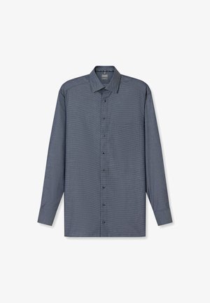 Langärmeliges Hemd mit Knöpfen aus dunkelblauem Musterstoff. Verfügt über einen Kragen, eine Brusttasche und fünf Knöpfe entlang der Knopfleiste.