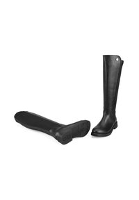 Schwarze Leder-Knöchelhigh-Stiefel mit glatter Oberfläche, runder Zehenpartie, kleinem Blockabsatz und strukturiertem Gummisohle. Ein Stiefel flach ausgelegt.