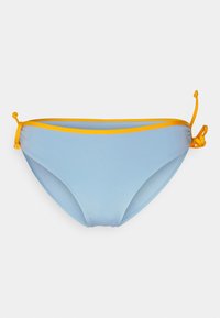 Parte de baixo de biquíni azul claro com detalhes em fita amarela contrastante e nós nas laterais, feita de tecido liso com cobertura moderada.