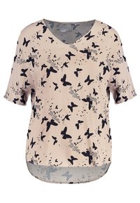 Top corto de manga corta color beige claro con escote en V, que presenta un patrón de mariposas negras y flores. Tejido suave con un dobladillo curvado.